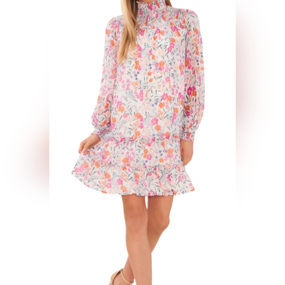 CeCe Size Small White Colorful Floral Smocked Balloon Sleeve Ruffled Shift Dress